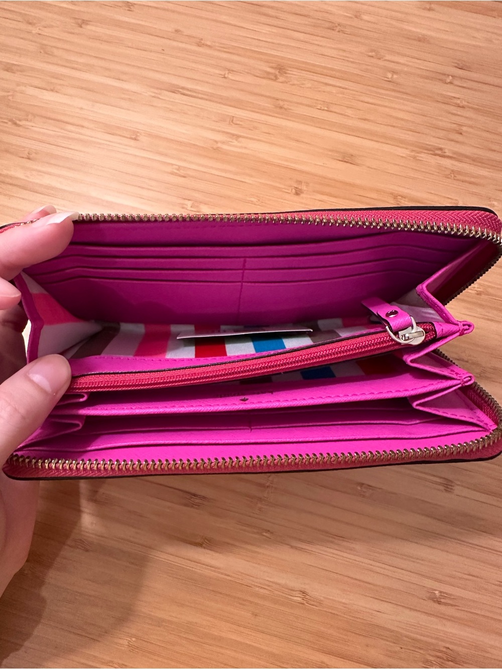 Kate Spade Pink Wallet with Striped Lining and Gold Plaque Detailing - Picture 5 of 9